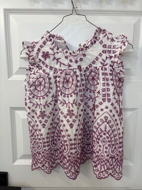 Hayden Girls White and Purple Embroidered Flutter Sleeve Top